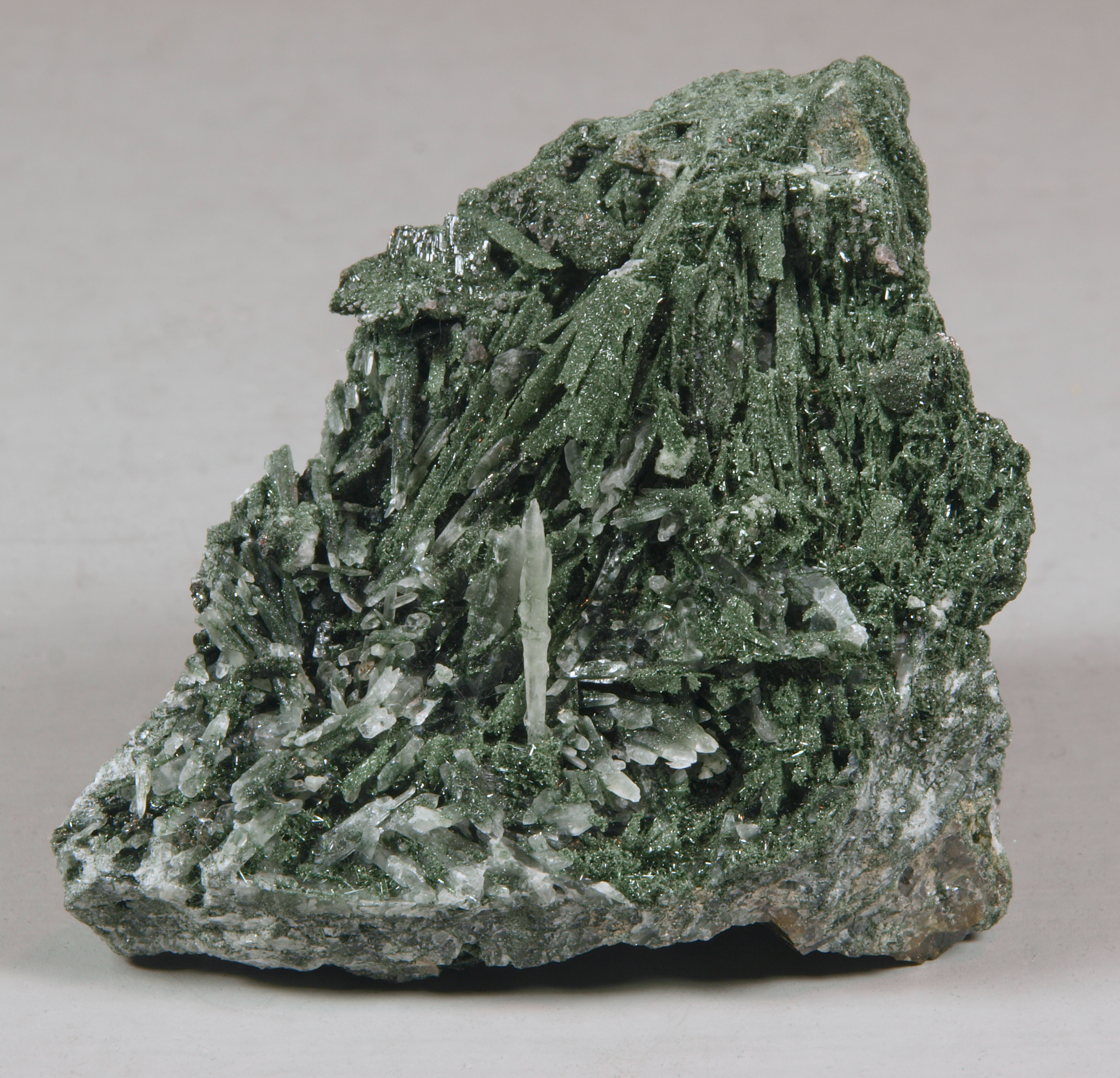 Tiny needles of dark green actinolite coating highly elongate crystals of quartz