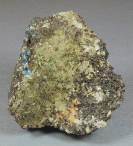 Pale green adamite, granular franklinite-calcite ore with minor azurite from Sterling mine, Ogdensburg