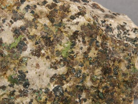 Coatings of green adamite franklinite-willemite-calcite ore,Sterling mine, Ogdensburg