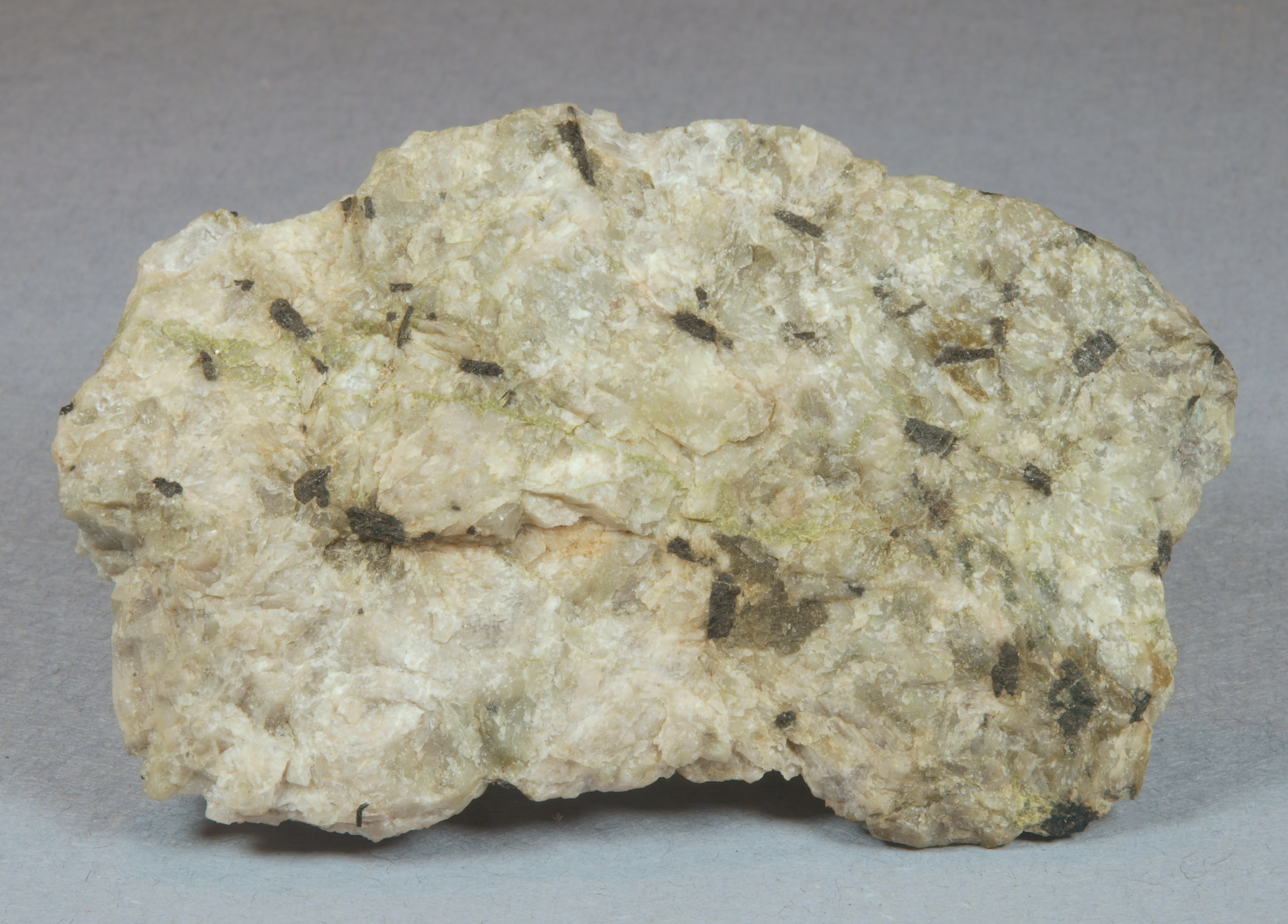 Black, tabular 4-7 mm long grains of allanite embedded in coarse-grained feldspar