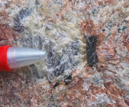 Black allanite crystal 1 cm long, embedded in microcline-quartz pegmatite