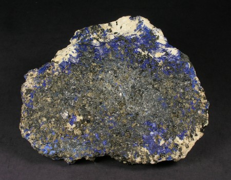Blue azurite replacing calcite in franklinite-willemite-calcite ore