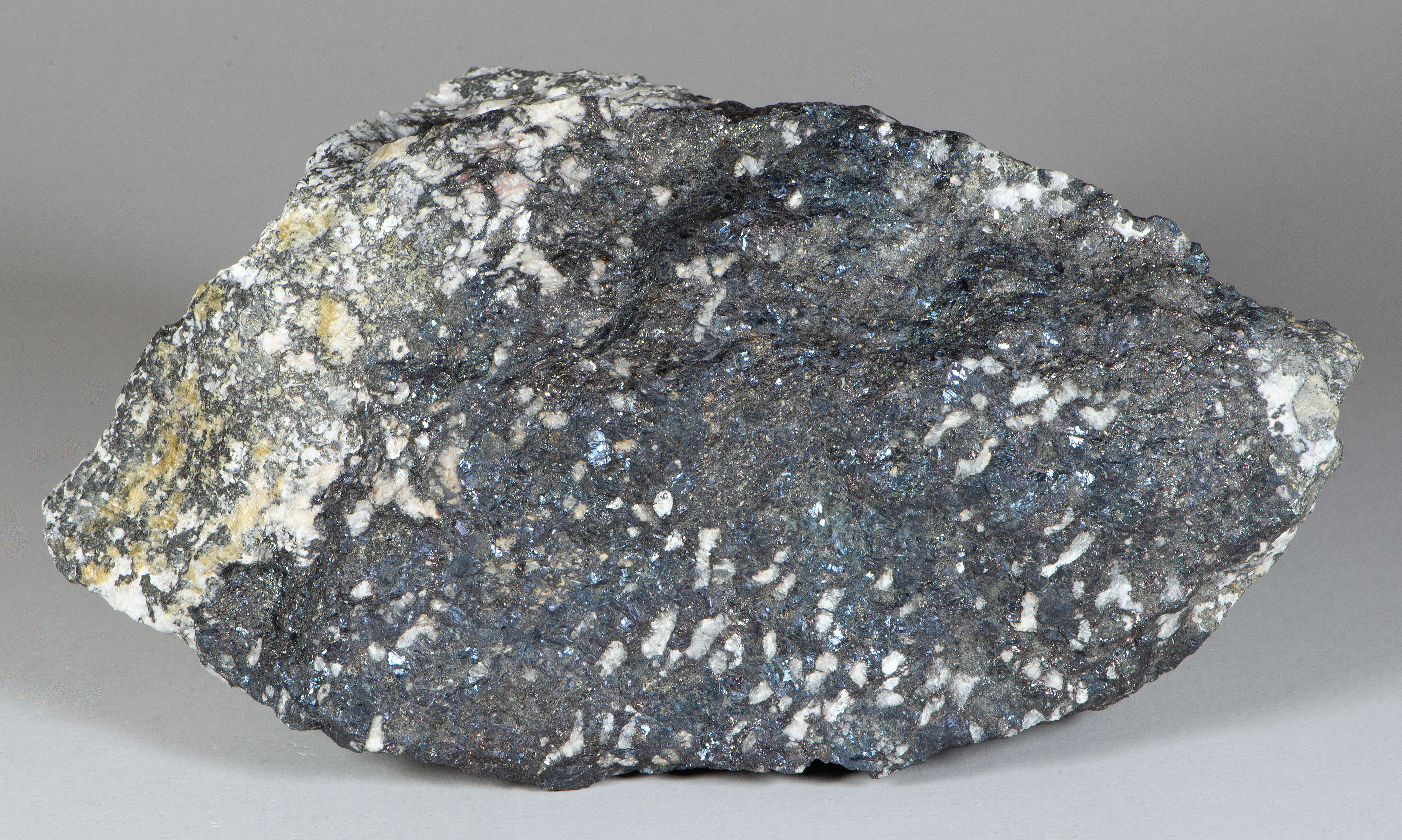 Blue bornite, brown sphalerite, calcite-rich matrix rock, Sterling mine, Ogdensburg NJ