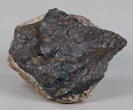 Massive, dark blue to violet bornite, golden-yellow chalcopyrite, franklinite-willemite-calcite ore, Franklin mine, Franklin NJ