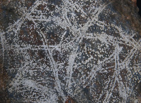 Tiny hemispherules of white dypingite on a fracture surface, brick-red willemite and black franklinite