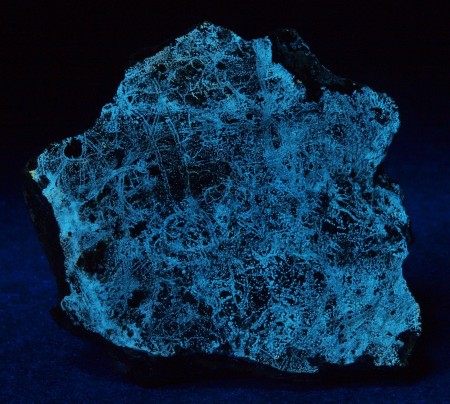 Platelike specimen with submillimeter spheroids of white dypingite under longwave UV Light