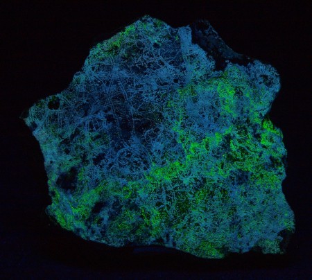 Platelike specimen with submillimeter spheroids of white dypingite under shortwave UV Light