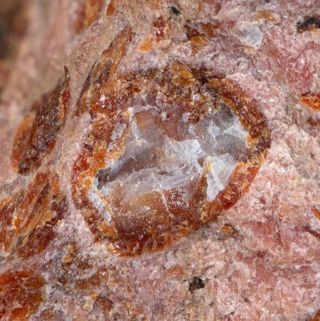 SCH4, brown schallerite, rhodonite, white barite, white calcite on franklinite-willemite-calcite ore, Franklin mine, Franklin NJ
