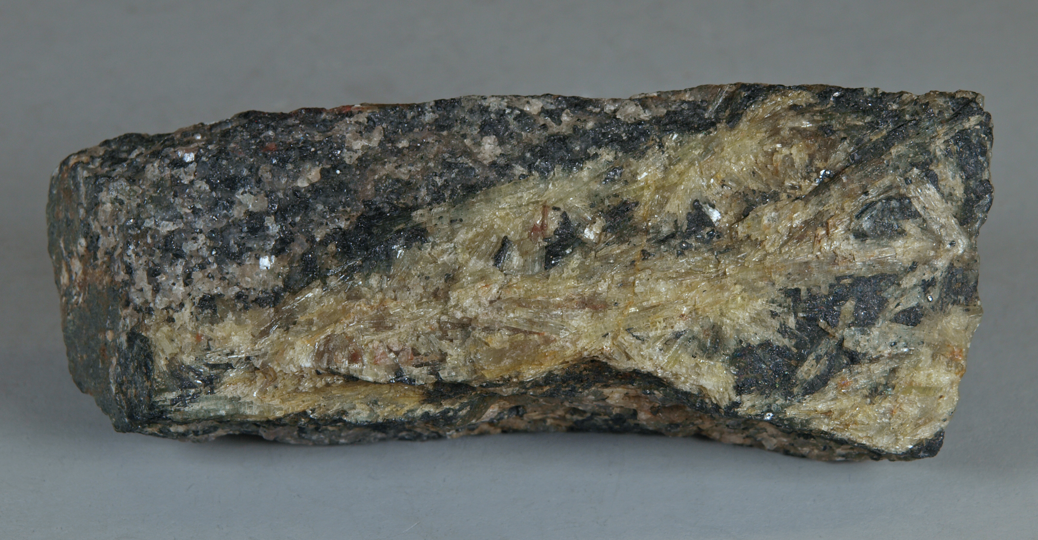 Pale yellow, long-bladed crystals of sillimanite in hornblende-quartz-feldspar gneiss