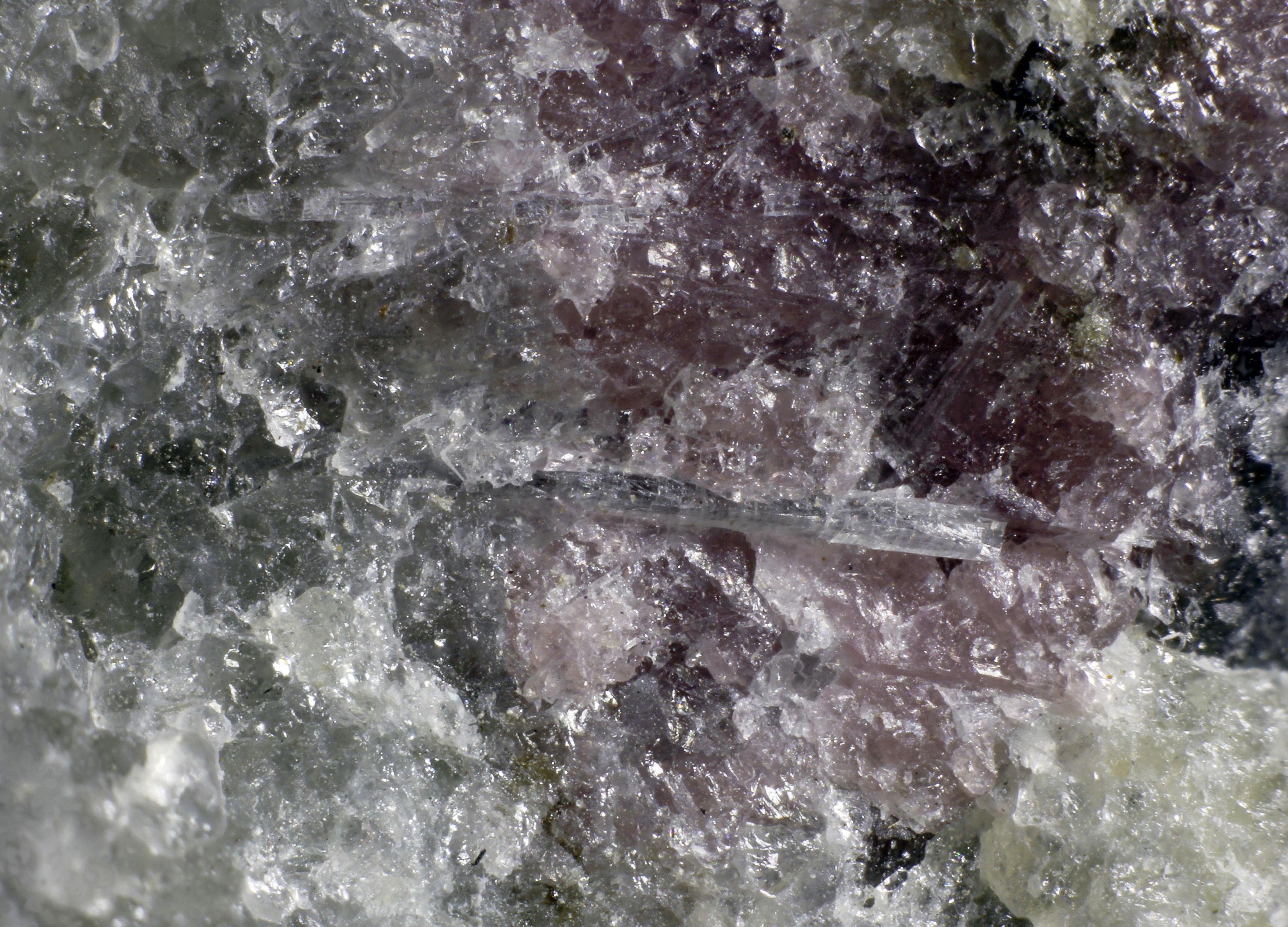 Tiny (1-3 mm), slender, prismatic sillimanite crystals, grains of pink almandine in a pale gray, quartz-oligoclase-almandine gneiss