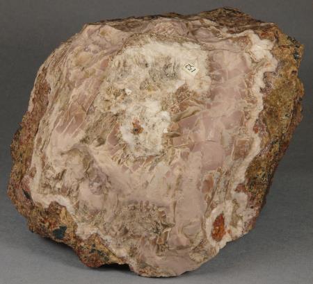 Pale lavender sussexite, calcite, serpentinized, franklinite-willemite-calcite ore, Sterling mine, Ogdensburg