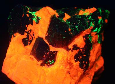 Augite crystals in calcite with minor willemite from the Sterling Hill Mine, NJ under shortwave UV Light