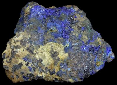 Azurite, franklinite, calcite and minor malachite from Sterling Hill Mine, NJ