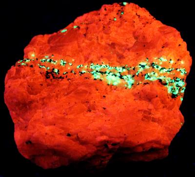 Calcite, willemite and franklinite, from the Buckwheat Dump, Franklin NJ. under shortwave UV Light