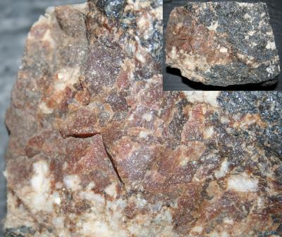 Vein of massive brown friedelite in willemite, calcite, franklinite, Sterling Hill Mine