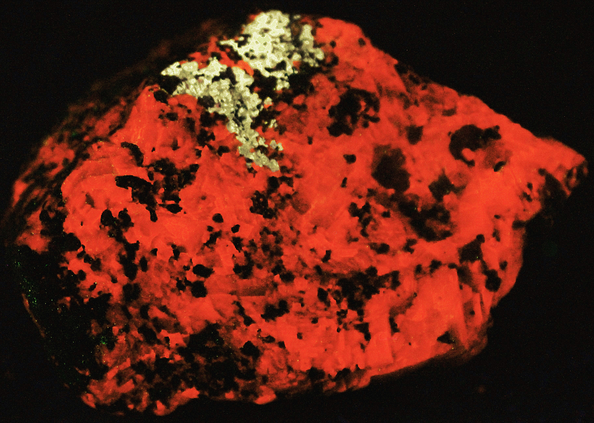 Powellite, calcite, franklinite and minor quartz from the Sterling Hill Mine, NJ. under shortwave UV Light