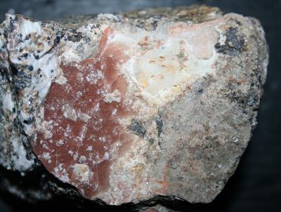 Quartz druze on willemite, calcite, franklinite ore from Sterling Hill Mine, Ogdensburg, NJ