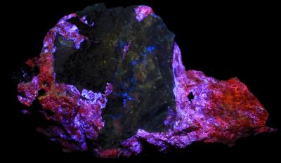 Talc, sphalerite, franklinite and willemite from the Sterling Hill Mine, Ogdensburg, NJ under longwave UV Light