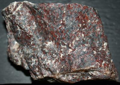 Red willemite, calcite and franklinite, Sterling Hill Mine